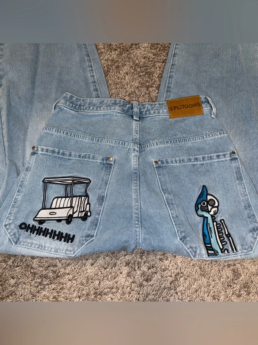 Splittoons Blue Bird Denim Light Wash Embroidered Baggy Jeans Streetwear Size 28